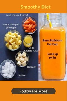 an orange smoothie is shown with ingredients to make it into a smoothie recipe