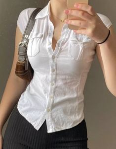 Hello! Welcome to our store!  Please message us if you have any questions or need additional information. Color: As picture shows Cropped Blouse, White Button Down Shirt, Turndown Collar, Looks Chic, 가을 패션, Style Streetwear, Crop Blouse, Looks Vintage