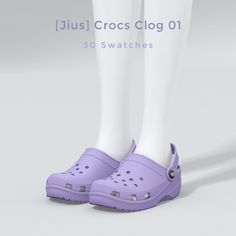 a pair of purple crocs is shown with white legs and one foot in the air