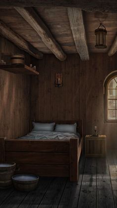 a bed in a room with wooden walls and flooring next to an open window