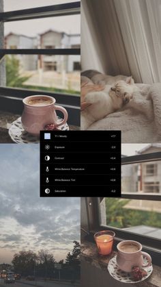 two pictures with coffee cups and a cat sleeping on the window sill next to each other