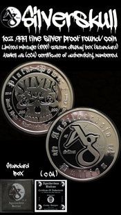 two silver colored coins with the words giverskill on them and an image of a skull