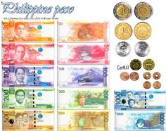 the philippines currency is being displayed with different colors and shapes, including one dollar bill