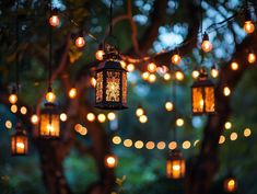 lanterns are hanging from the branches of a tree with string lights strung across them in an outdoor setting