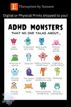 Did you know 🤔 that ADHD is more than just disorganization, memory 🧠 trouble and struggling with time management? These monsters are here to tell you that ADHD is so much more complex than you may hear about! The general color 🎨 scheme of the monsters may be changed upon request, i.e. Boho/earthy colors- greens, blues, pastel, etc. Please message before you purchase if you would like a change in colors ✨ Print for Social Worker, Counselor, Occupational Therapy. Printed on high-quality Luster paper. 🖨 Mental Health Facts, Social Worker, Social Emotional Learning, Occupational Therapy, Health Facts, Coping Skills, Earthy Colors, Social Emotional