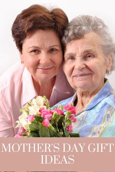 two women hugging each other with the words mother's day gift ideas on it