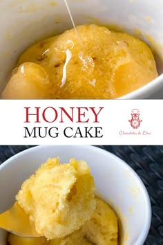 a close up of a bowl of food with a spoon in it and the words honey mug cake