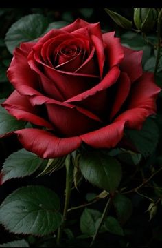 a red rose with green leaves in the dark