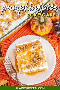 a piece of pumpkin spice poke cake on a plate