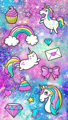 unicorns, stars and cupcakes are all on this galaxy background with the rainbow colors