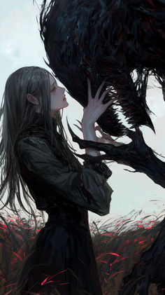 a woman with long black hair holding an alien like creature