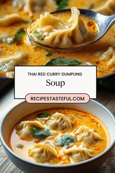 A vibrant and comforting soup featuring a rich blend of red curry flavors, creamy coconut milk, and colorful vegetables, all topped with delicious dumplings. Perfect for a cozy meal any night of the week! Vegetarian Sick Meals, Dumpling Soup With Frozen Dumplings, Thai Curry Dumpling Soup, Dumpling Curry Soup, Healthy Flavorful Soups, Comfort Asian Food, Coconut Curry Wonton Soup, Soup With Dumplings Recipes, Red Curry Coconut Soup