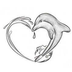 a drawing of two dolphins in the shape of a heart with water splashing out of it