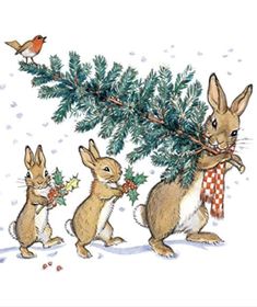 three rabbits are standing in front of a christmas tree and one bunny is holding a branch