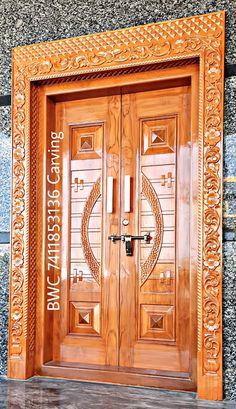 two wooden doors with intricate carvings on the front and side panels, both inlaid to each other