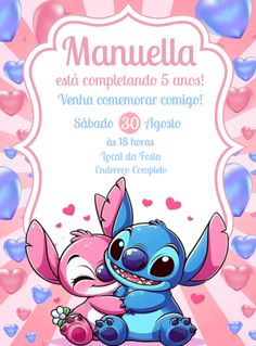 a pink and blue birthday card with an image of stitch - stitch characters on it