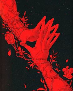 two hands reaching for each other in front of red flowers and leaves on a black background