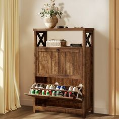 a wooden shoe rack with several pairs of shoes on it