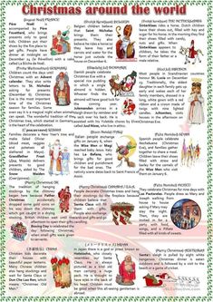 the christmas around the world poster with pictures and words on it, including santa's sleigh