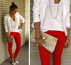 really liking this outfit. white on white, gold beiges and of course red pants saweet! {would just wear with different shoes =P} Mode Ab 50, Clothes Women, White Blazer, Fashion Mode, Looks Style