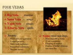 an old paper with fire on it and the words four vedass written in red