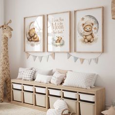 a baby's room with teddy bears on the wall