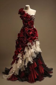 Red Big Dress, Big Gowns, Weird Dresses, Grey Romantic, Vestido Charro, Modest Dresses Casual, Fantasy Dresses