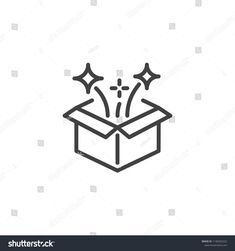 an open box with stars coming out of it on a white background, this icon is suitable