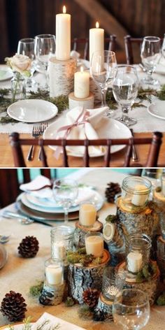 the table is set with pine cones and candles