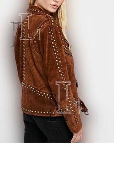 Handmade leather jackets in white, pink, and black with studded accents are perfect for any season and occasion, perfect for biker style #leatherjacket #handmade #studded #bikerstyle #womensfashion #Winter #Leather #Belted #AllSeasons #Pakistan Studded Leather Jacket, American Western, Studded Jacket, Biker Style, Studded Leather, Jacket Sale, Leather Jackets, Handmade Leather, Silver Studs