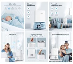 an advertisement for the new air purifiction system, with images of people and baby