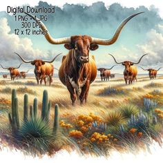 a painting of longhorn cattle in a field with cacti and cactuses