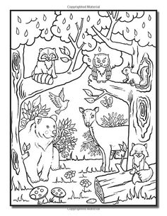 a coloring page with animals in the forest