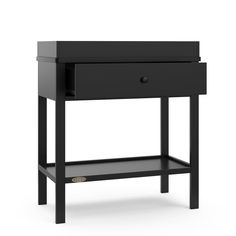 a black table with two drawers and one drawer on the bottom, in front of a white background