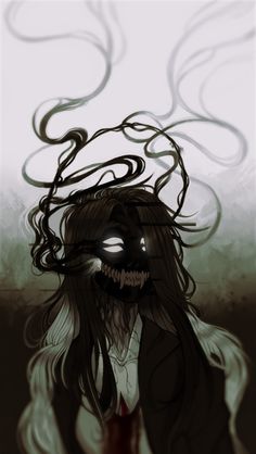 a drawing of a creepy woman with her hair blowing in the wind and eyes open