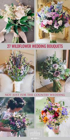 wedding bouquets with flowers and greenery are shown in four different pictures, including the bride