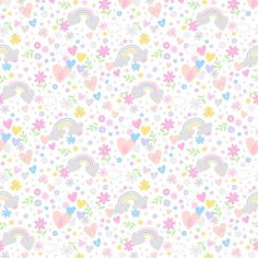 a pattern with hearts, flowers and rainbows in pastel colors on a white background