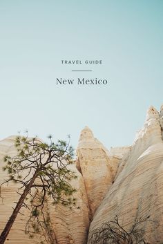 the words travel guide new mexico written in front of a mountain range with trees growing out of it