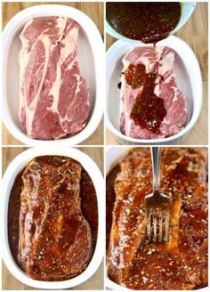 four pictures showing different stages of cooking meat