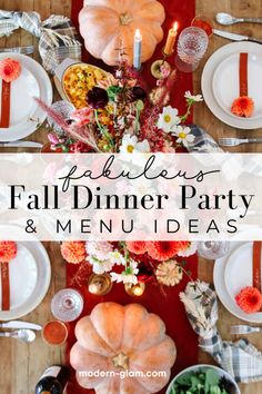 an overhead view of a fall dinner party with pumpkins, flowers and other decorations