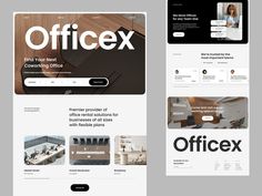 the website design for officex is displayed in two different screens, one with an image of