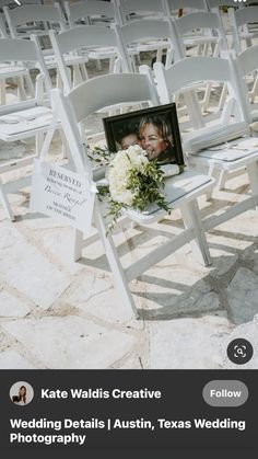 a wedding photo on a white chair with flowers in the middle and a sign that says, kate waldis creative