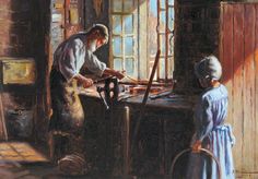 an oil painting of two people working in a shop