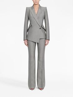 Alexander McQueen wool-mohair Bootcut Trousers - Farfetch Estilo Kardashian, Bootcut Trousers, Woman Suit Fashion, Double Breasted Jacket, Business Suit, Blazer Black, Suit Fashion, Black Blazers, Suits For Women