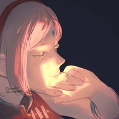 a digital painting of a woman with pink hair holding her hand up to her mouth