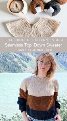 a woman standing in front of some knitted sweaters with text overlay that reads free crochet pattern video seamless top - down sweater