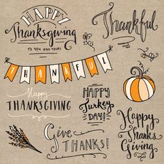 thanksgiving lettering and decorations on a linen background