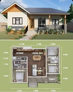 the floor plan for a two bedroom, one bath house with an attached porch and second story