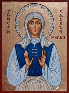 an icon of the mother mary holding her hands up in front of her chest and wearing a blue dress