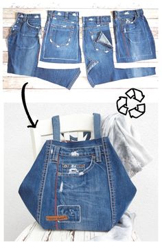 two pictures showing how to make an apron out of old jeans